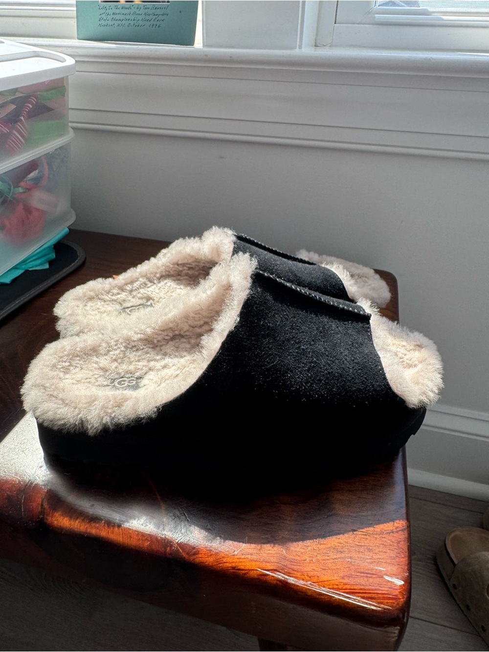 UGG Black Slip-On Shearling-Lined Slippers with Cream Fur